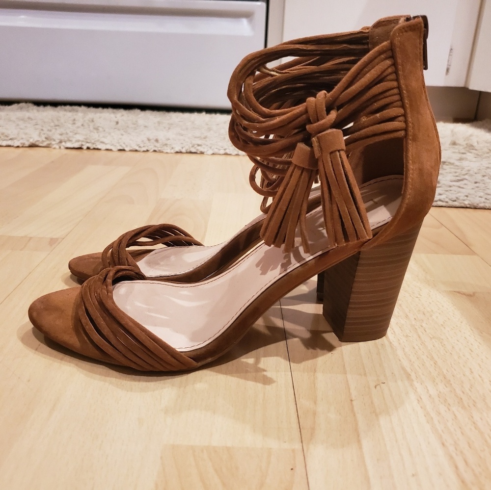Liliana Strappy Brown Fringed Block Heels